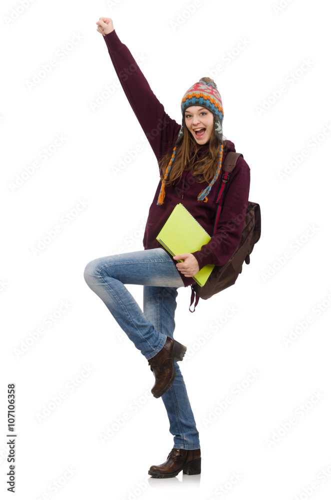 Smiling student with backpack and book isolated on white