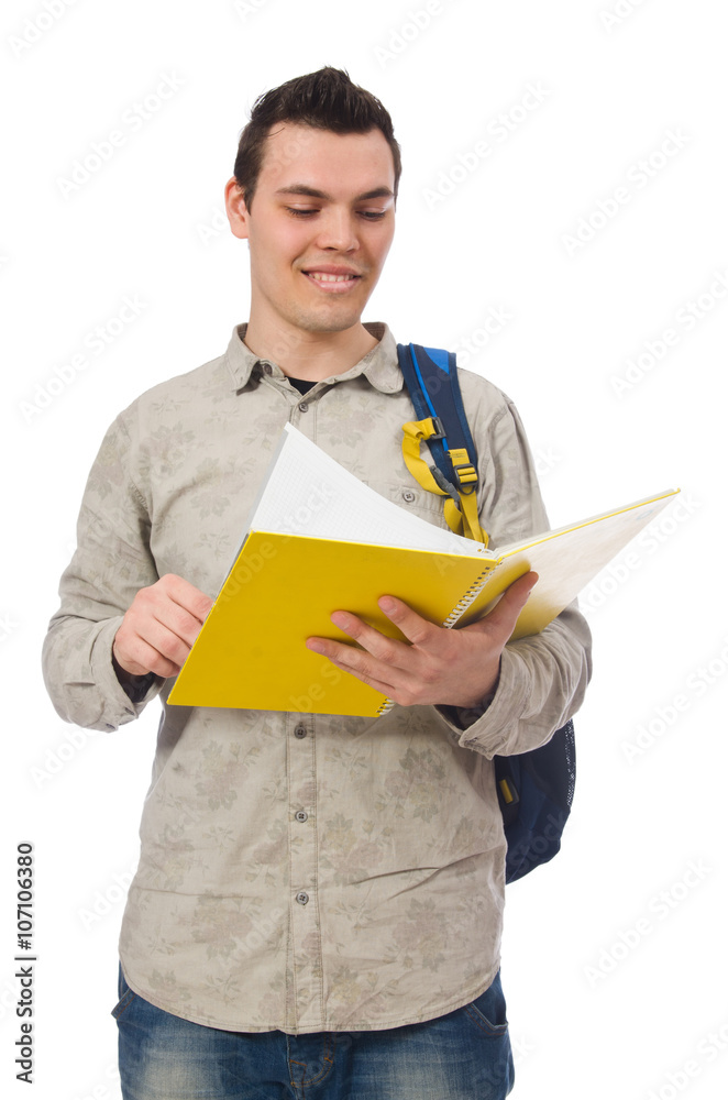 Smiling caucasian student with backpack and book isolated on whi Smiling caucasian student with backpack and book isolated on whi