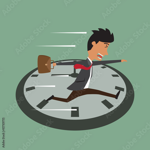 Cartoon businessman running on clock, Jumps over time, Rush hour
