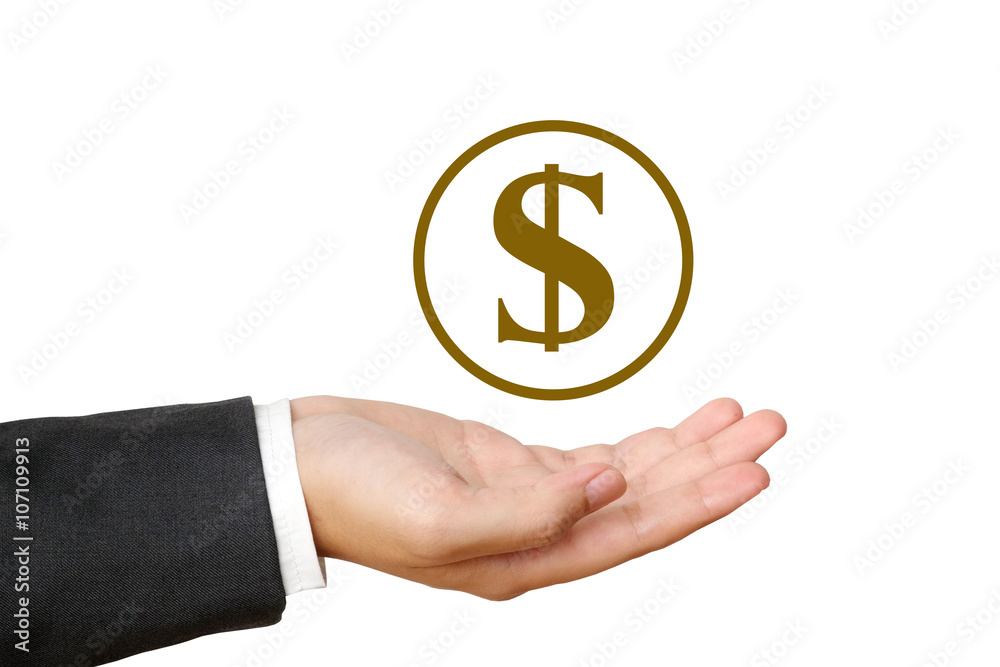 Money icon over businessman hand on white background Money icon over businessman hand on white background