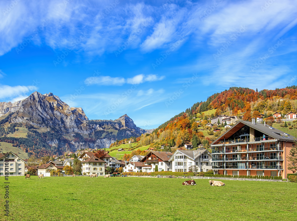 View in the town of Engelberg, Switzerland in autumn
