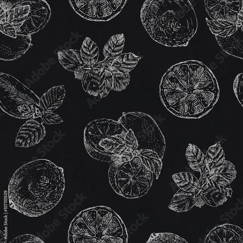 Seamless pattern with chalk lime and mint on blackboard background