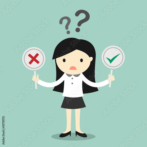 Business concept, Business woman is confused about true or false. Vector illustration.
