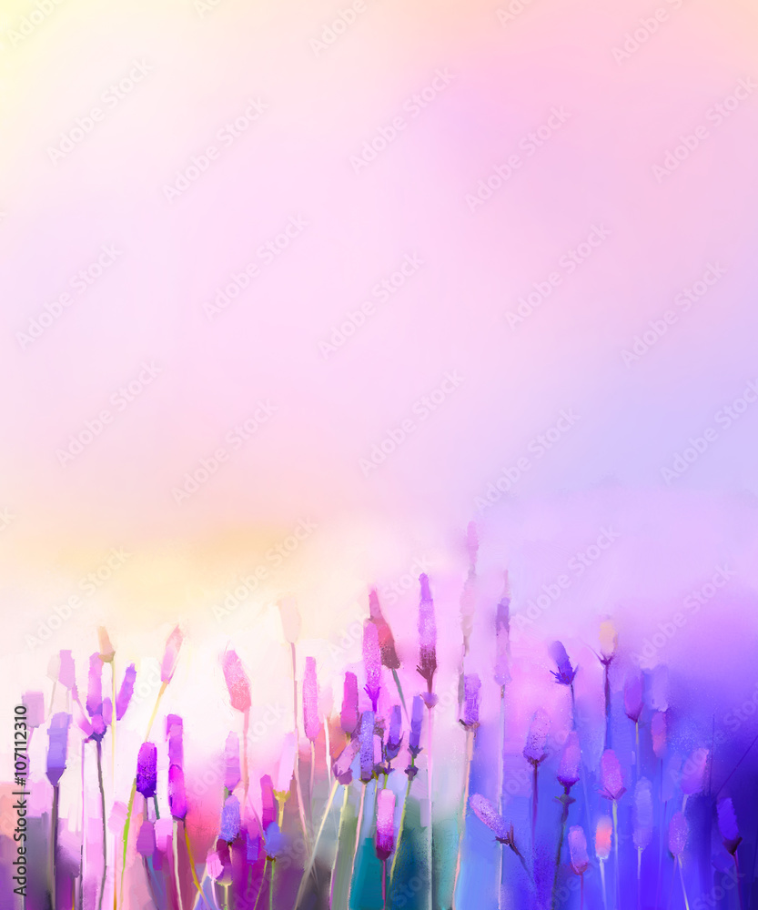 Fototapeta premium Oil painting violet lavender flowers in the meadows. Abstract oil painting sunshine at flower field in soft purple color and blur style