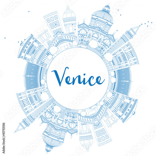 Outline Venice Skyline Silhouette with Blue Buildings.