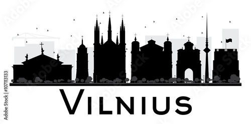 Vilnius City skyline black and white silhouette.