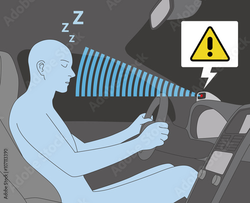 doze prevention apparatus, driver assistance system, car interior and driver, vector illustration photo