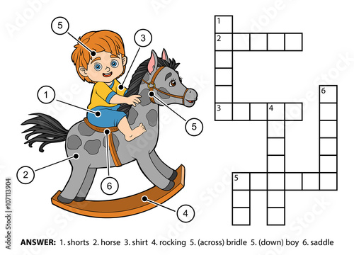 Vector color crossword. Little boy on a rocking horse