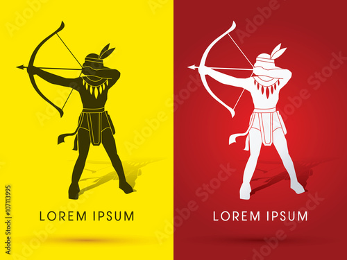 American Indian , tomahawk and bow,Shoot, Archer Standing,  graphic vector