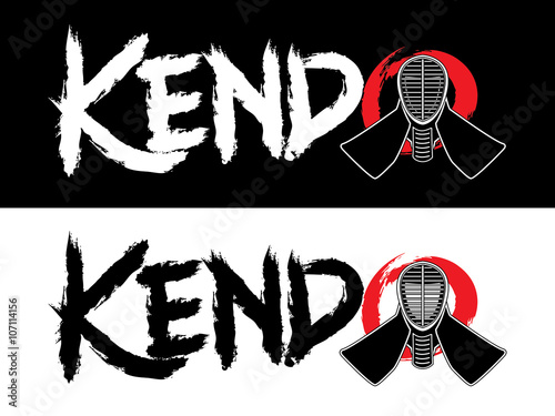 Kendo text , designed using handwriting grunge brush on red cycle background with .Kendo helmet , mask, graphic vector.