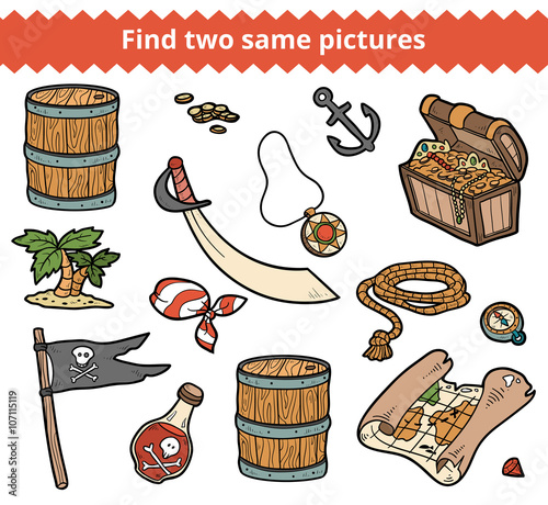 Find two same pictures. Vector set of pirate items
