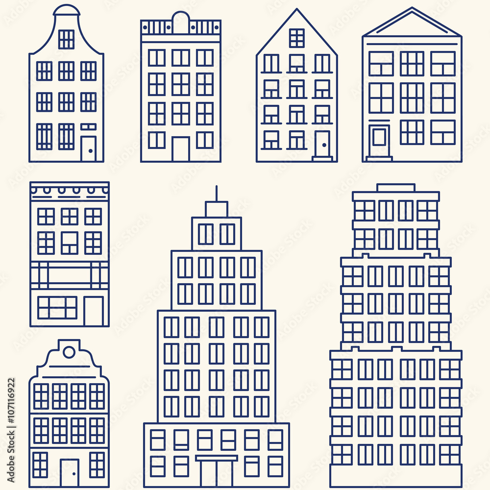 Vector set of linear elements and icons with buildings and skyscrapers for construction map, design or infographics