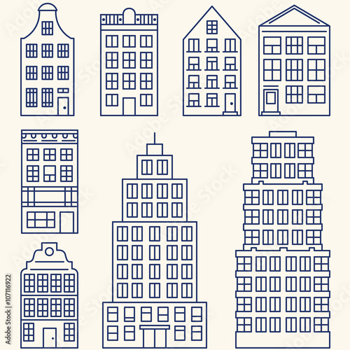 Vector set of linear elements and icons with buildings and skyscrapers for construction map, design or infographics