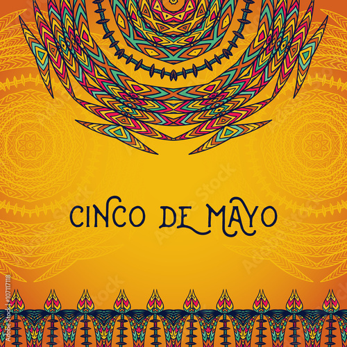 Beautiful greeting card, invitation  for Cinco de Mayo festival. Design concept for Mexican fiesta holiday with ornate mandala and border frame ornament. Hand drawn vector illustration