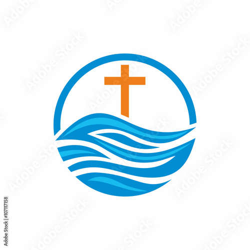 Logo church. Christian symbols. Waves, cross, streams of water alive.