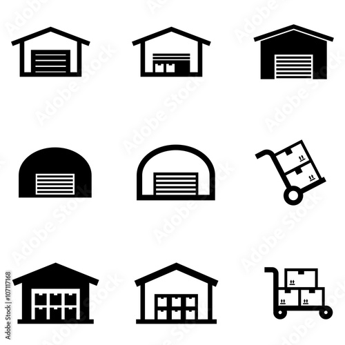 Vector black warehouse icon set. Warehouse Icon Object, Warehouse Icon Picture, Warehouse Icon Image - stock vector