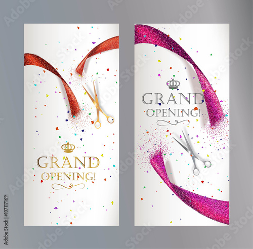 Grand Opening vertical banners with abstract red and pink ribbon  and scissors