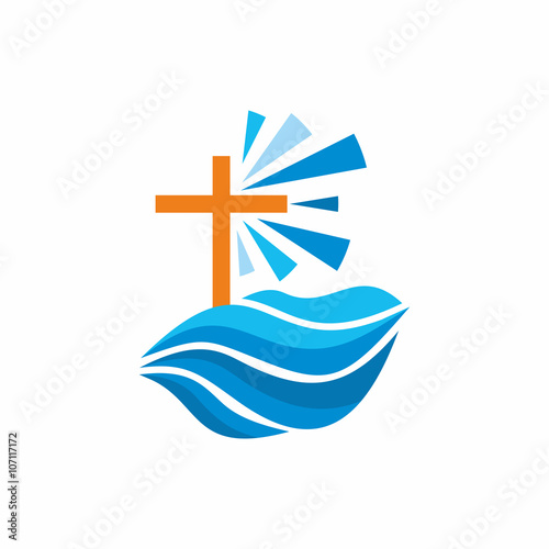 Logo church. Christian symbols. Waves, cross, streams of water alive, lighthouse.