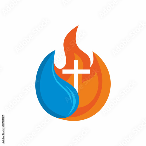 Logo church. Christian symbols. Cross. The fire of the Holy Spirit and the living water flows.