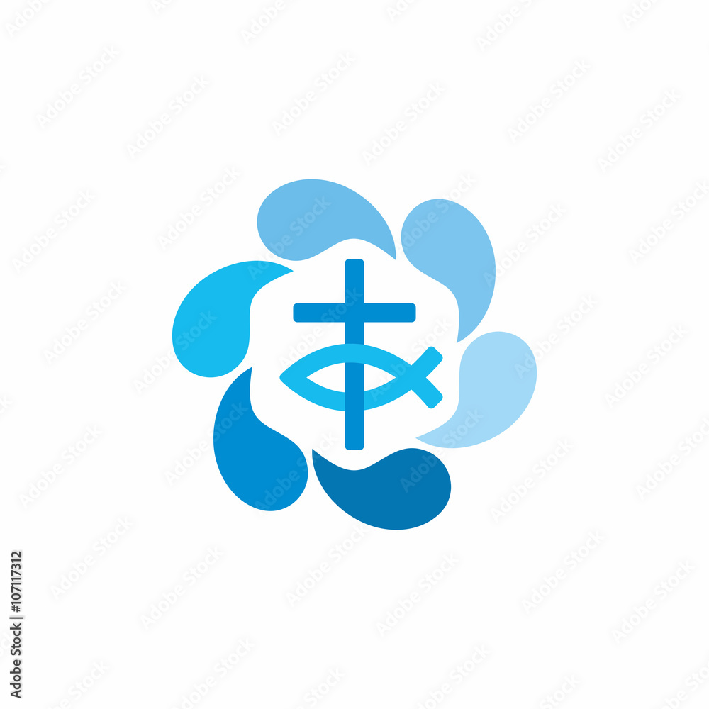 Logo church. Christian symbols. Cross and Jesus fish. Jesus - the source of living water. Logo church. Christian symbols. Cross and Jesus fish. Jesus - the source of living water.