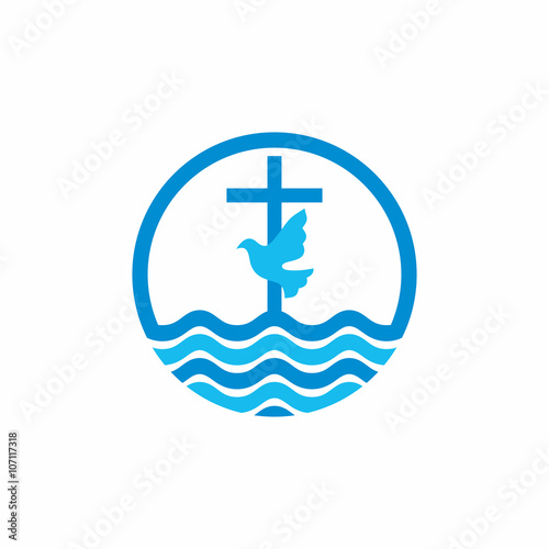 Logo church. Christian symbols. Cross and dove, waves. Jesus - the source of living water.