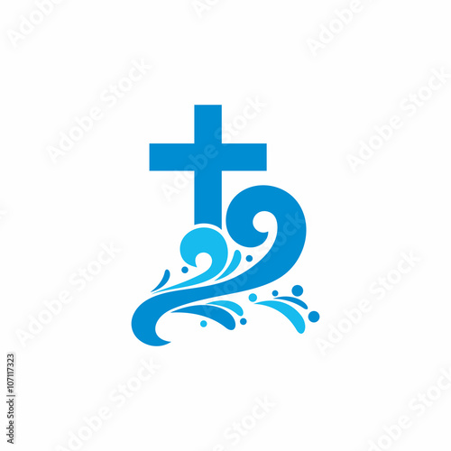 Logo church. Christian symbols. Cross and waves. Jesus - the source of living water.