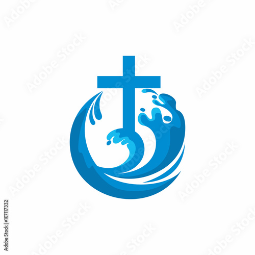 Logo church. Christian symbols. Cross and waves. Jesus - the source of living water.