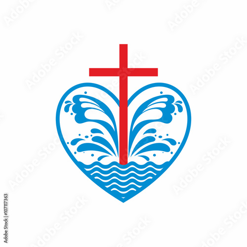 Logo church. Christian symbols. Heart, cross and waves. Jesus - the source of living water.