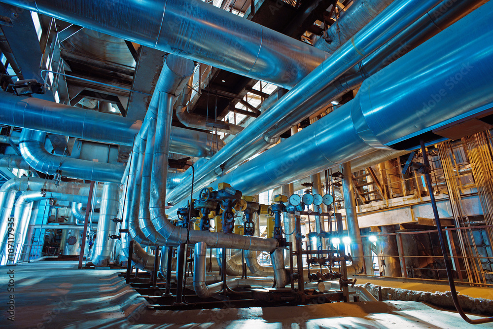 Industrial zone, Steel pipelines, valves and ladders Industrial zone, Steel pipelines, valves and ladders