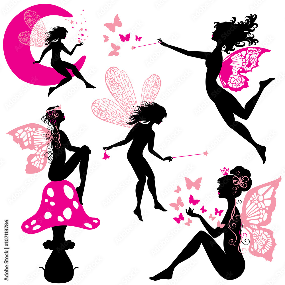 Set of silhouette fairy girls with butterflies and stars isolate