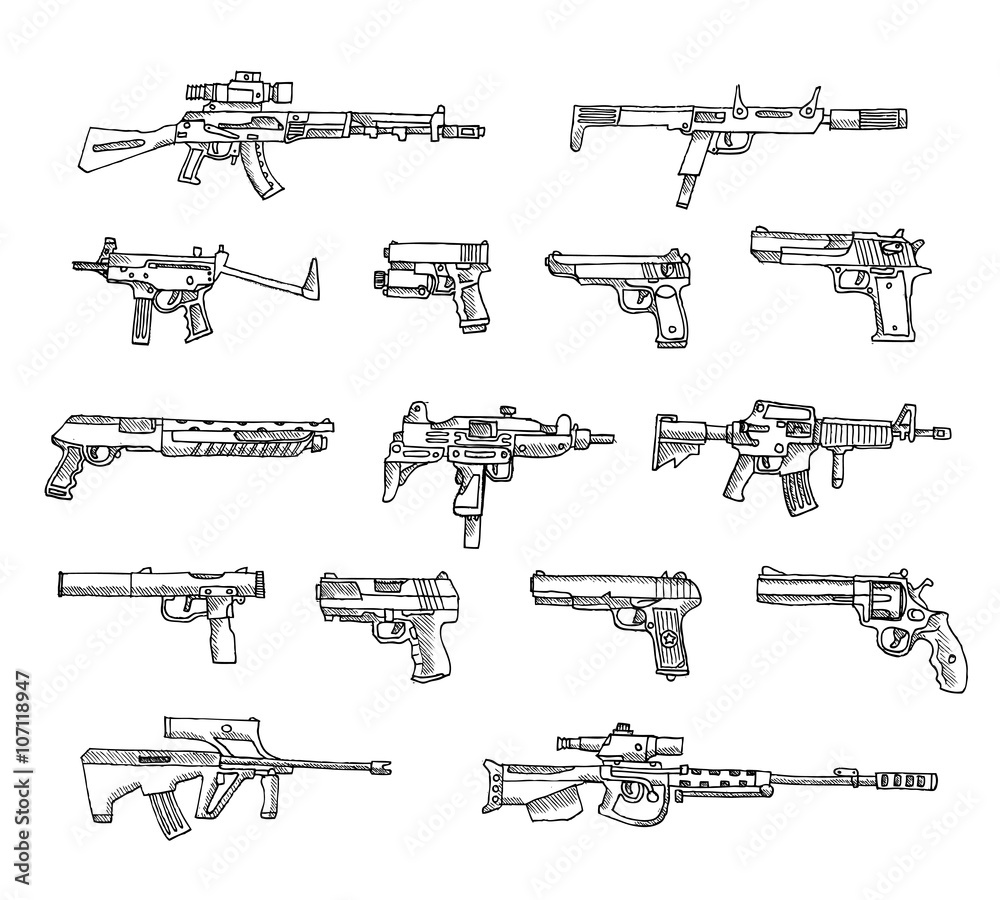 Set of weapons in vector isolated on a white background.