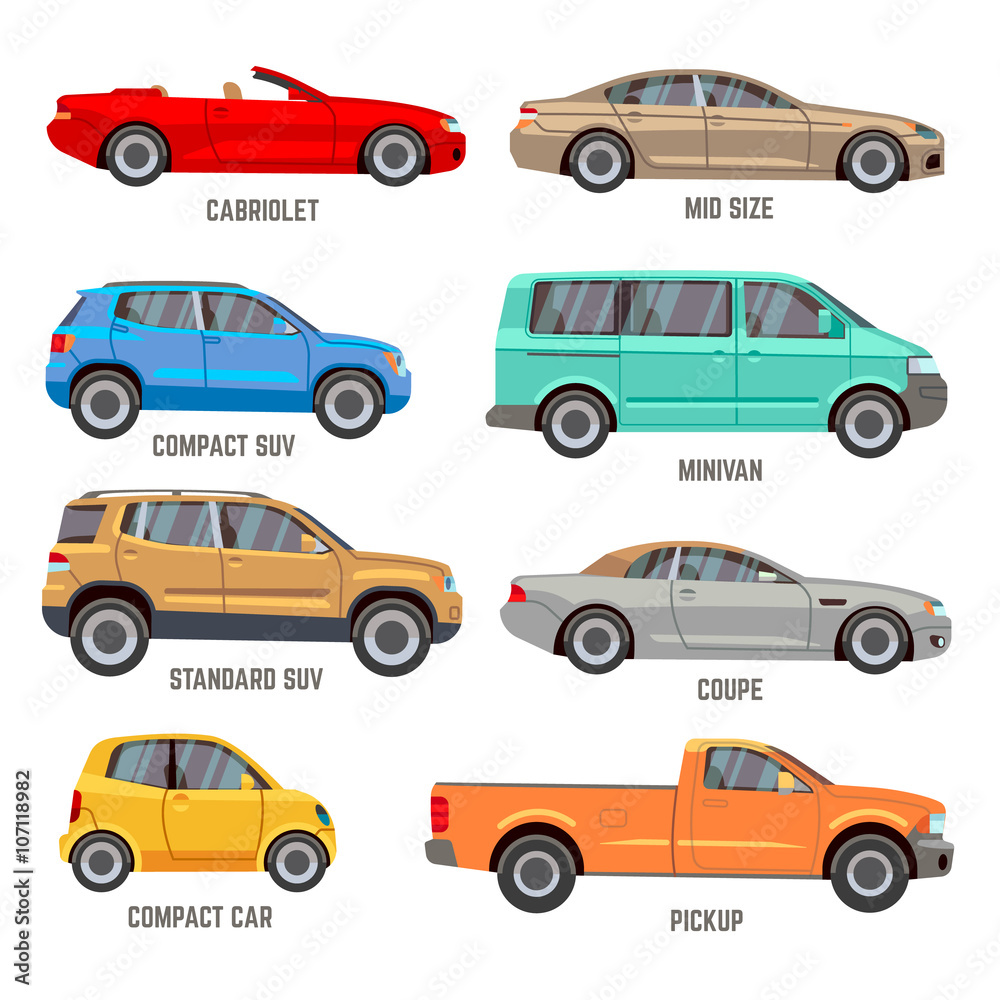 Car types vector flat icons. Automobile models icons set