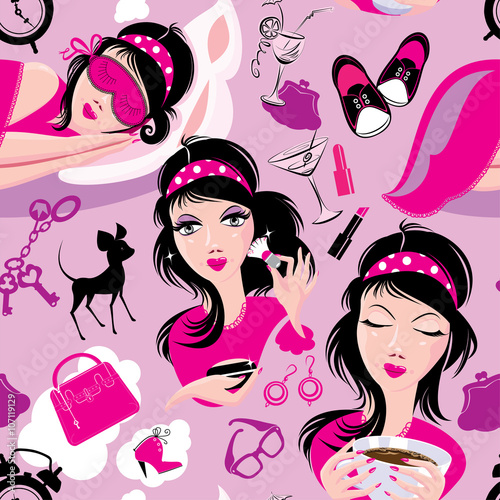 Seamless pattern with glamor lovely girls slipping, using brush