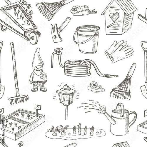 Garden tools seamless pattern. Various equipment and facilities for gardening and agriculture
