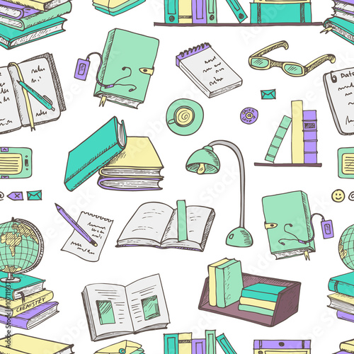 Hand drawn doodle Books Reading seamless pattern.