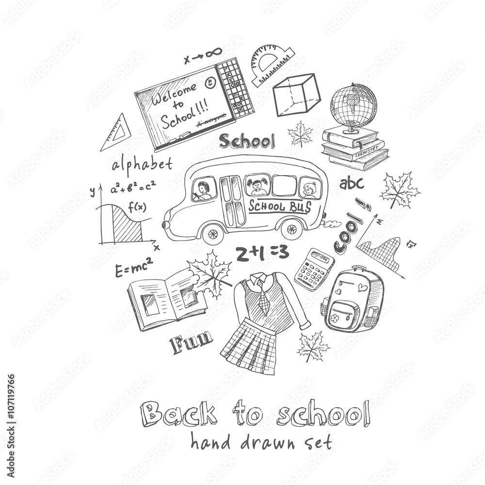 Set of school drawings. Sketches. Hand-drawing. Vector illustrat