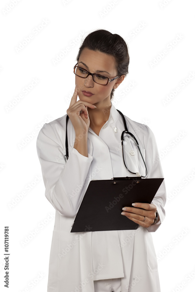 thoughtful young woman doctor on a white background thoughtful young woman doctor on a white background