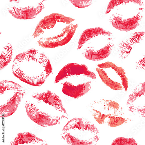 Seamless pattern with beautiful red colors lips prints on white