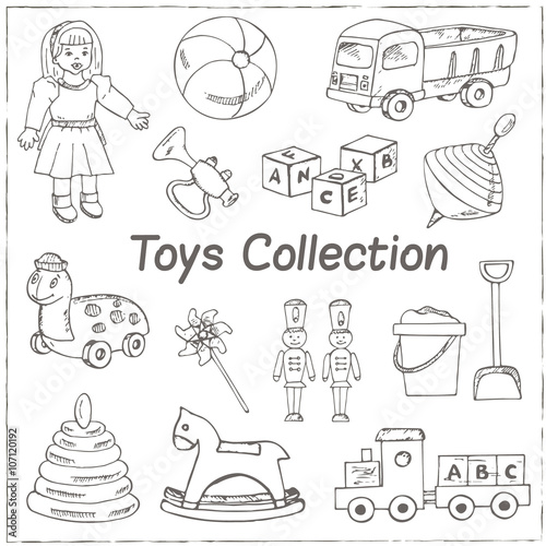 Collection of doodles toys. Vector illustration of toys for design