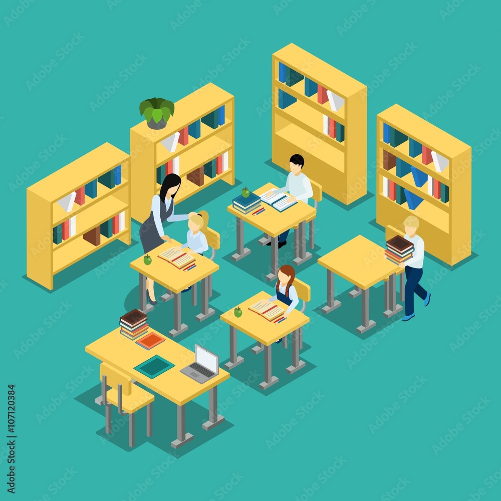 Education Middle School Classroom Isometric Banner Education Middle School Classroom Isometric Banner