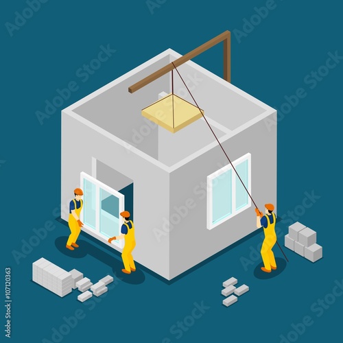 Building Construction Workers Isometric Banner 