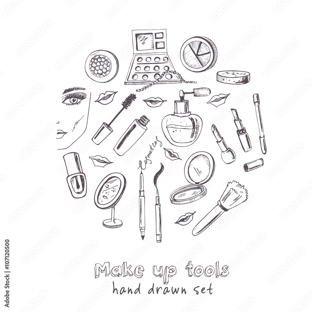 Collection of Vector hand drawn Tools for make-up. Collection of Vector hand drawn Tools for make-up.