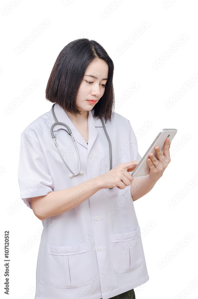 Asian doctor using tablet computer over white Asian doctor using tablet computer over white
