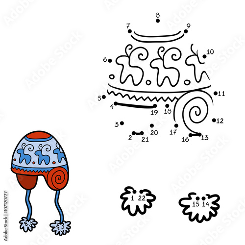 Numbers game, dot to dot, hat with winter ornament