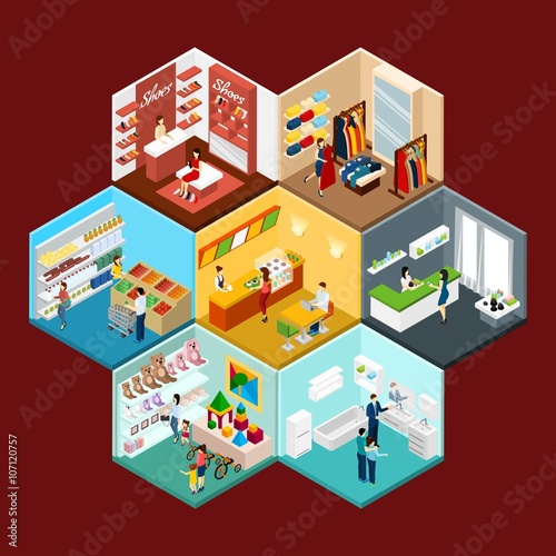 Shopping Mall Hexagonal Pattern Isometric Composition 