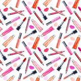 Seamless watercolor pattern with colored lipstick and gloss lip.
