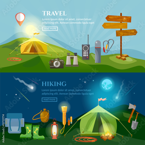 Camping banner hiking summer adventure flat style
