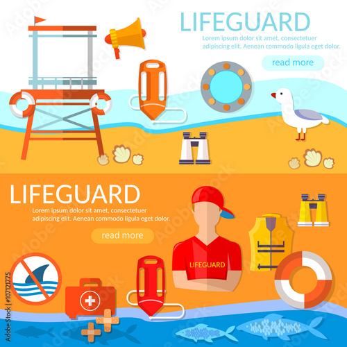 Lifeguards banners professional lifeguard on the beach flat styl