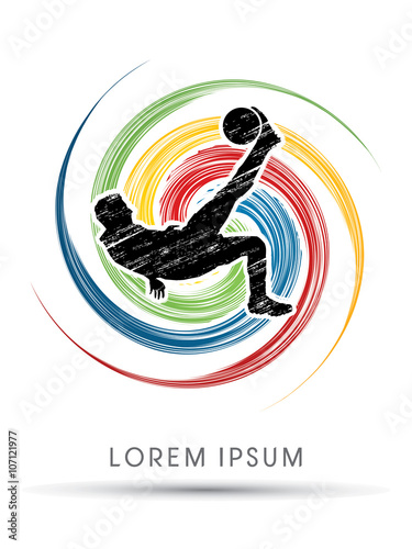 Soccer player hit the ball, Bicycle Kick designed using grunge on colorful spin circle background graphic vector.
