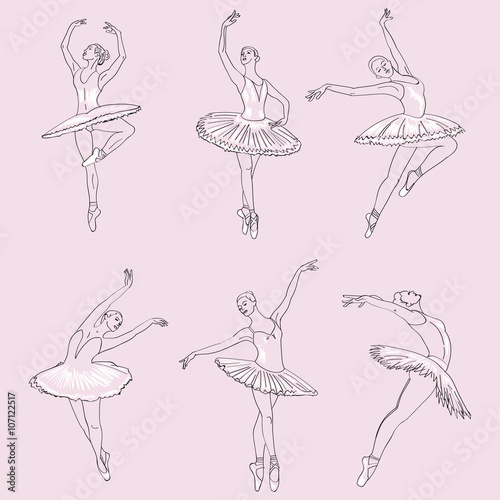 Set of hand drawn sketches  young ballerinas standing in a pose. Ballerinas collection.
